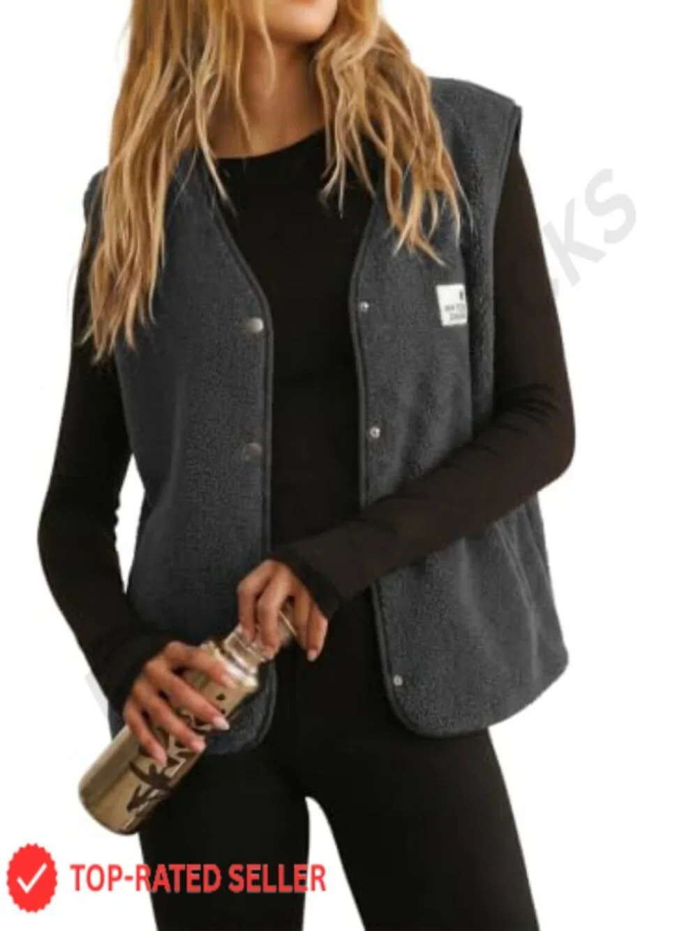 Women's Sherpa Fleece Vest Snap Button Sleeveless with Pockets